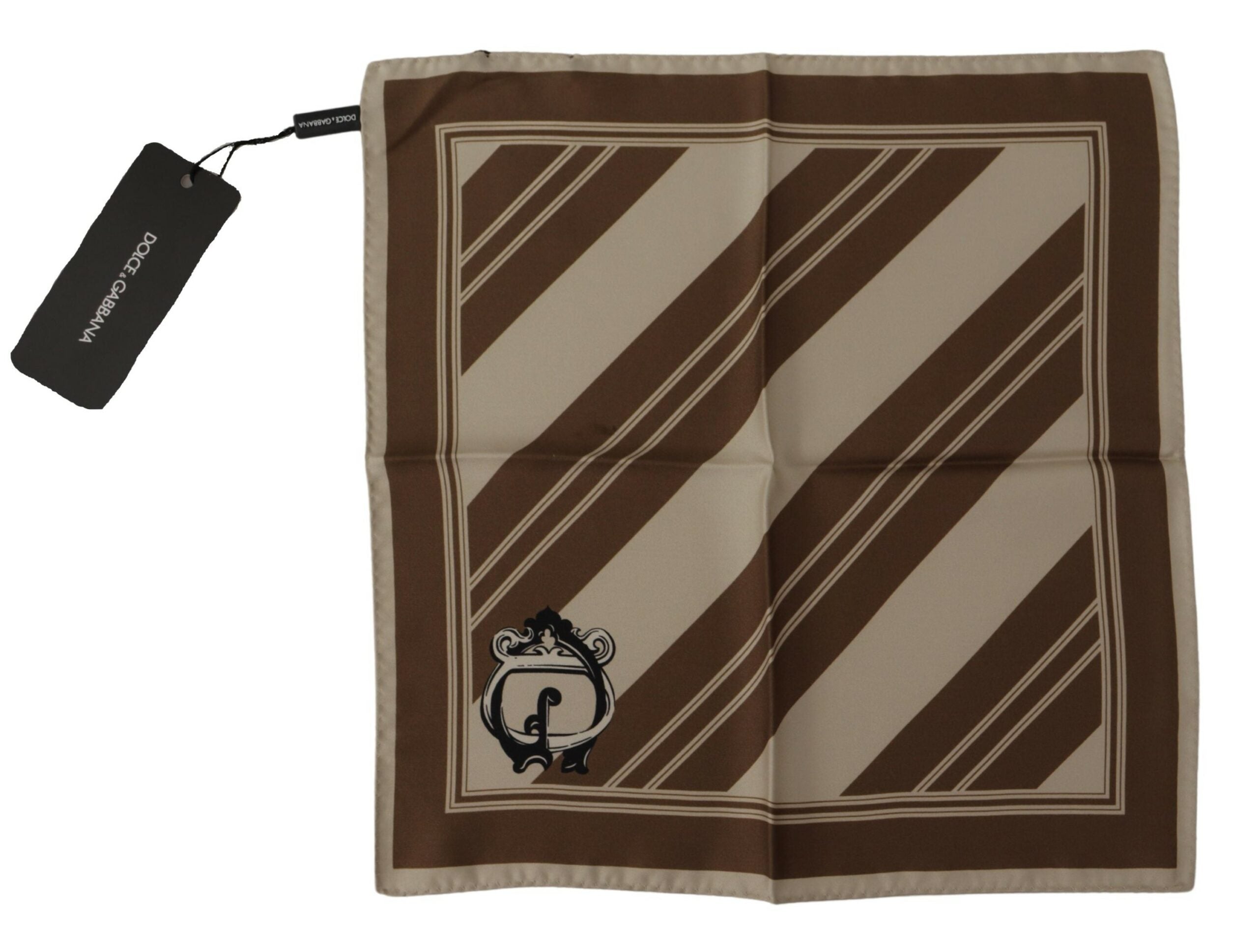 Brown striped Dolce & Gabbana square handkerchief scarf with DG logo, featuring a stylish men's accessory with a refined design.