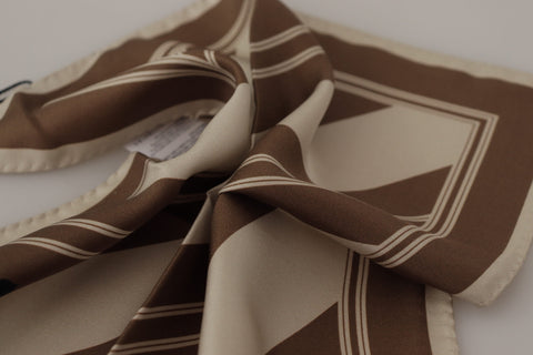 Brown and white striped Dolce & Gabbana men's square handkerchief scarf with DG logo pattern.
