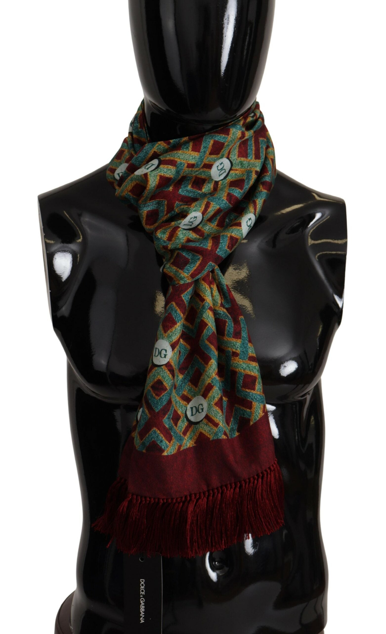 Multicolor Dolce & Gabbana logo shawl with fringe, warm neck wrap scarf featuring vibrant colors and soft fabric details.