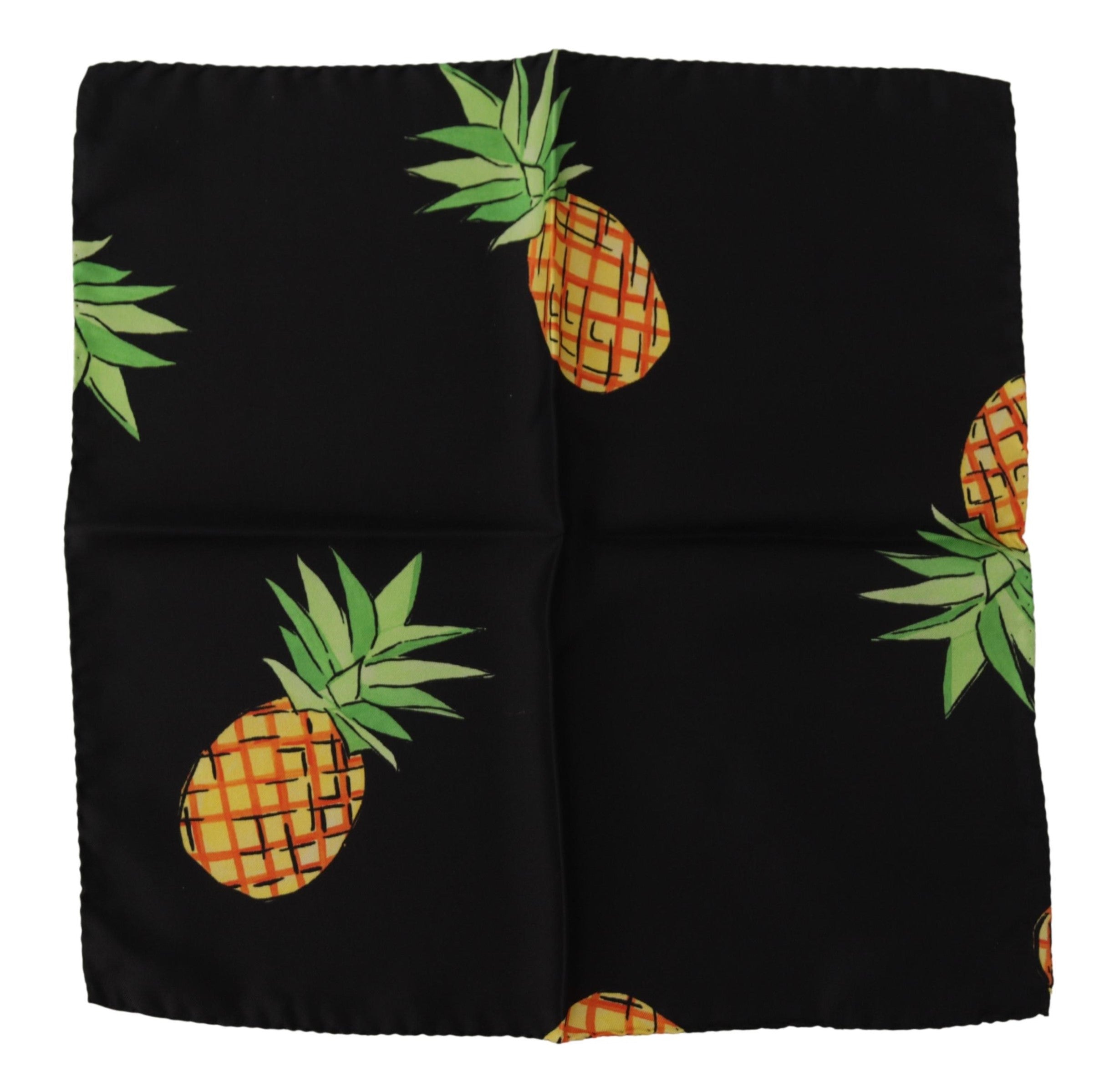 Black pineapple printed square handkerchief scarf by Dolce & Gabbana, featuring vibrant tropical fruit design on soft fabric.