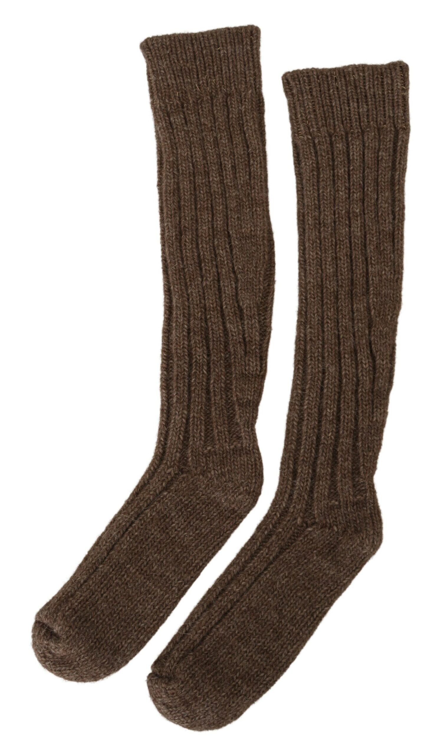 Brown wool knit calf-length women’s socks by Dolce & Gabbana, featuring a cozy, textured knit pattern.