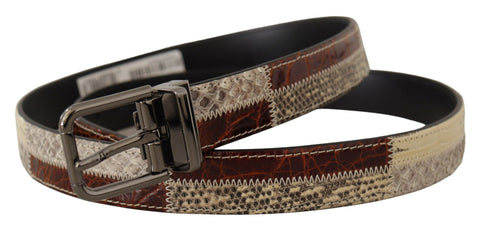 Multicolor exotic leather patchwork metal belt by Dolce & Gabbana with intricate design and silver-tone buckle.
