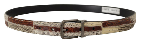 Multicolor exotic leather patchwork metal belt by Dolce & Gabbana with intricate stitching and metal buckle detail.