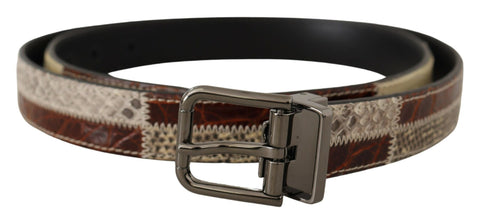 Multicolor exotic leather patchwork metal belt by Dolce & Gabbana, featuring vibrant leather sections and metallic buckle details.