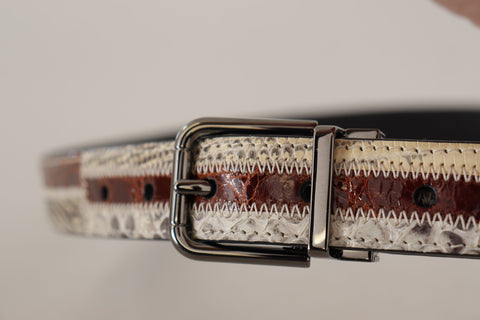 Multicolor exotic leather patchwork Dolce & Gabbana metal belt with intricate design and vibrant finish.