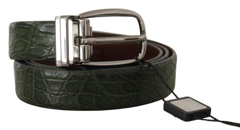 Green exotic leather belt with silver buckle from Dolce & Gabbana, showcasing textured leather and sleek metallic hardware.