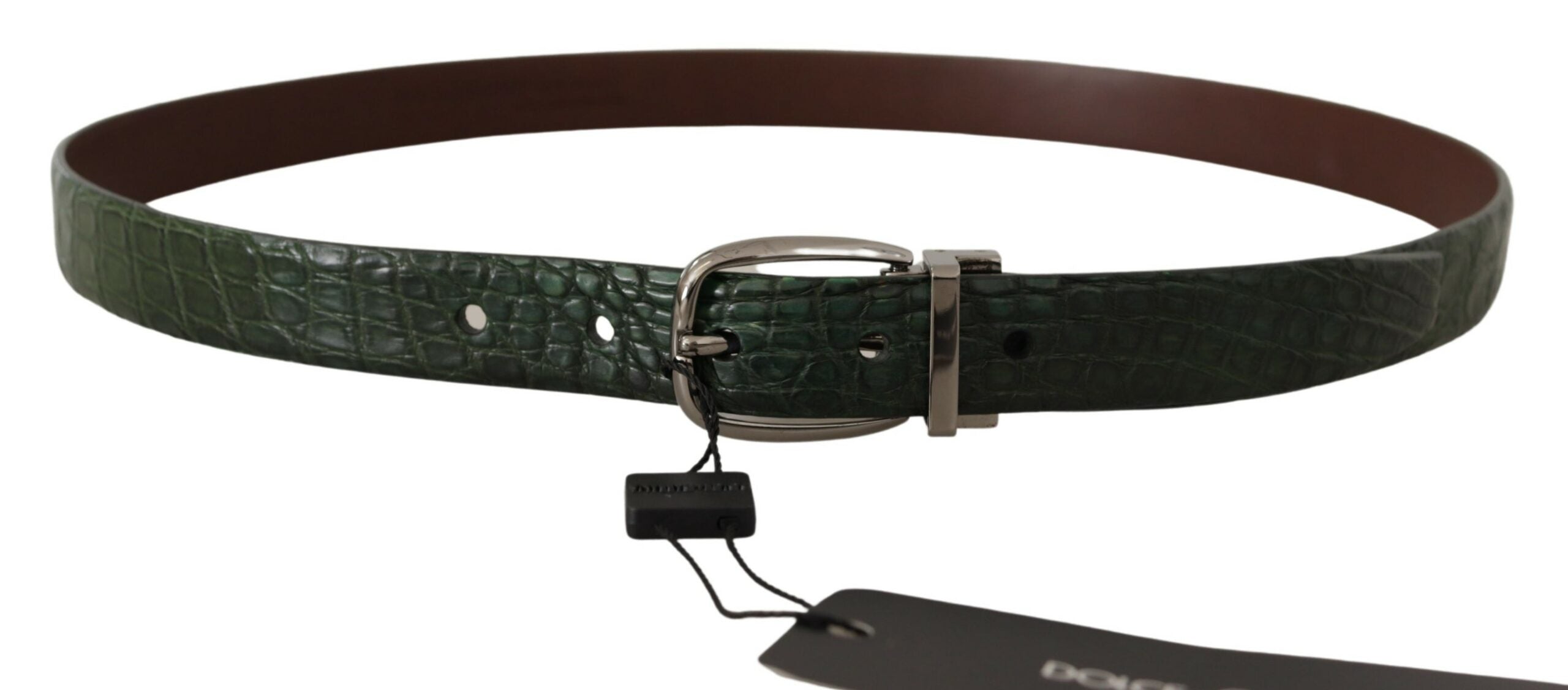 Green exotic leather belt with silver buckle by Dolce & Gabbana, featuring textured leather and sleek design.