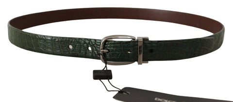 Green exotic leather belt with silver buckle by Dolce & Gabbana, featuring textured leather and sleek design.
