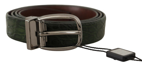 Green exotic leather belt with silver buckle from Dolce & Gabbana, featuring textured leather and a sleek design.