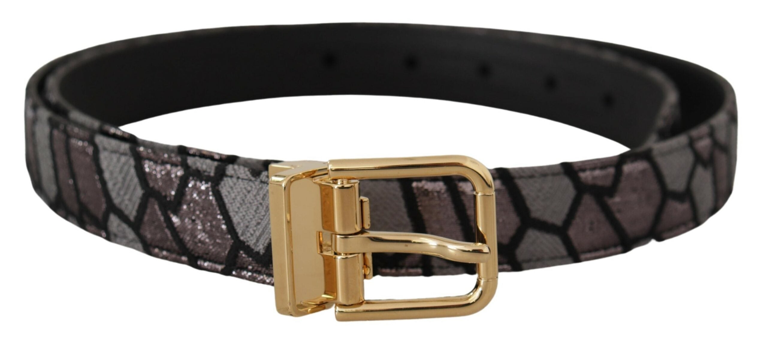 Multicolor patchwork leather and gold jacquard belt by Dolce & Gabbana with detailed stitching and stylish design.