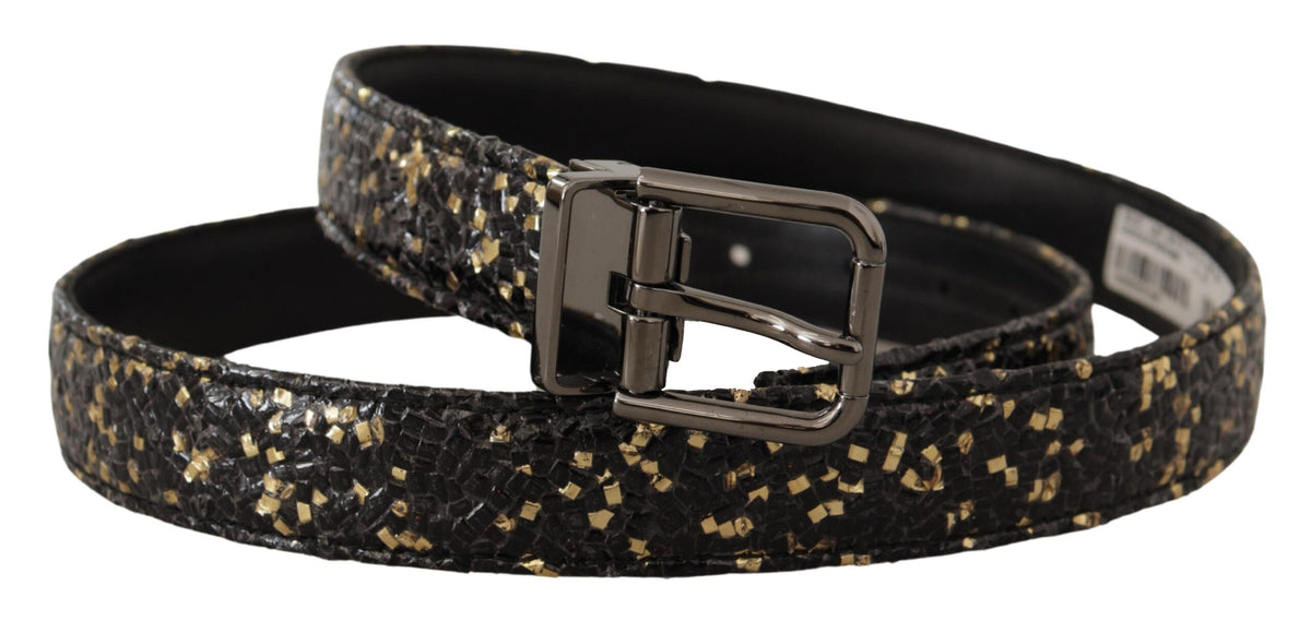 Gold and black two-tone leather belt with chrome buckle from Dolce & Gabbana, featuring sleek design and high-quality craftsmanship.