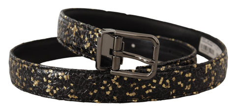 Gold and black two-tone leather belt with chrome buckle from Dolce & Gabbana, featuring sleek design and high-quality craftsmanship.