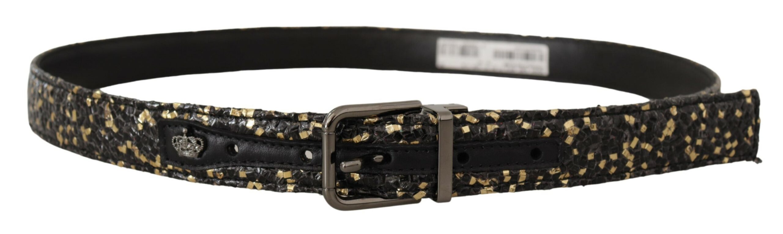 Gold and black two-tone leather belt with chrome buckle from Dolce & Gabbana, featuring sleek design and high-quality craftsmanship.