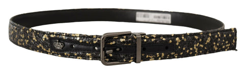 Gold and black two-tone leather belt with chrome buckle from Dolce & Gabbana, featuring sleek design and high-quality craftsmanship.