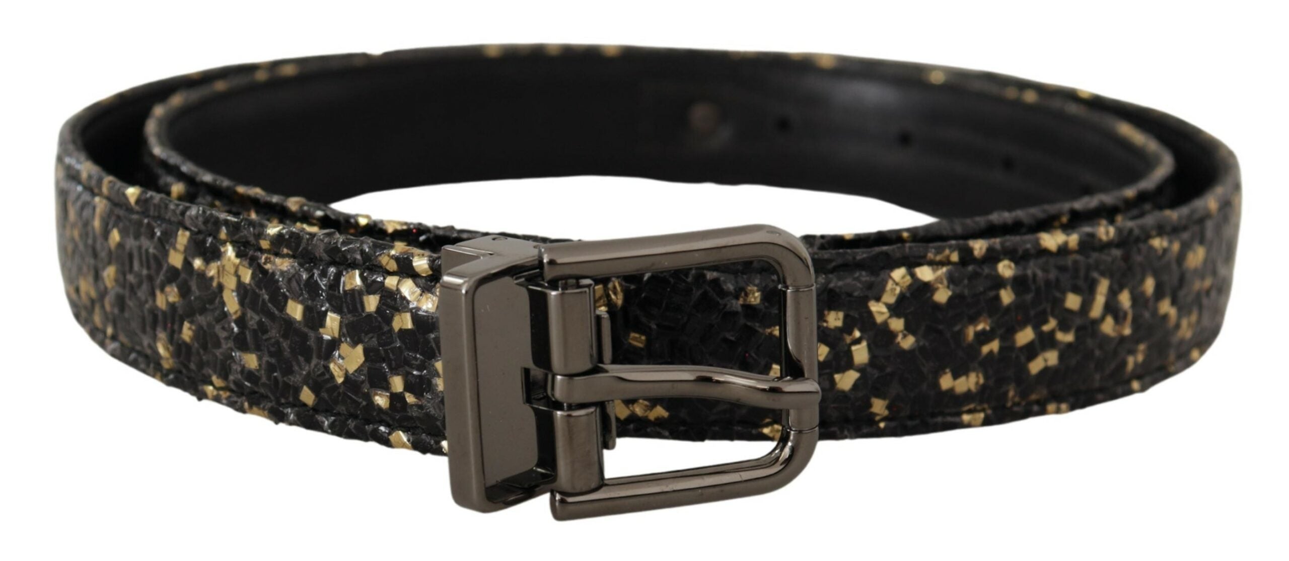 Dolce & Gabbana gold and black two-tone leather belt with chrome buckle, stylish accessories for men or women.
