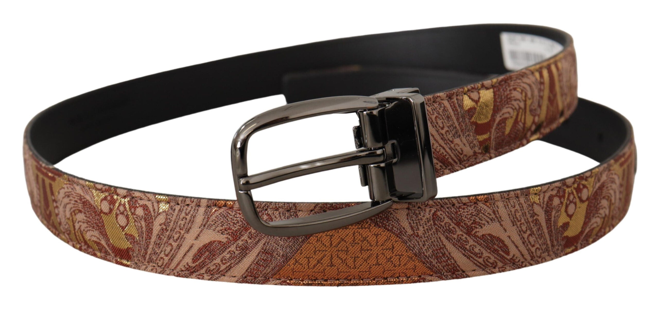 Multicolor embossed leather belt with black metal buckle by Dolce & Gabbana, featuring textured, multicolor design.
