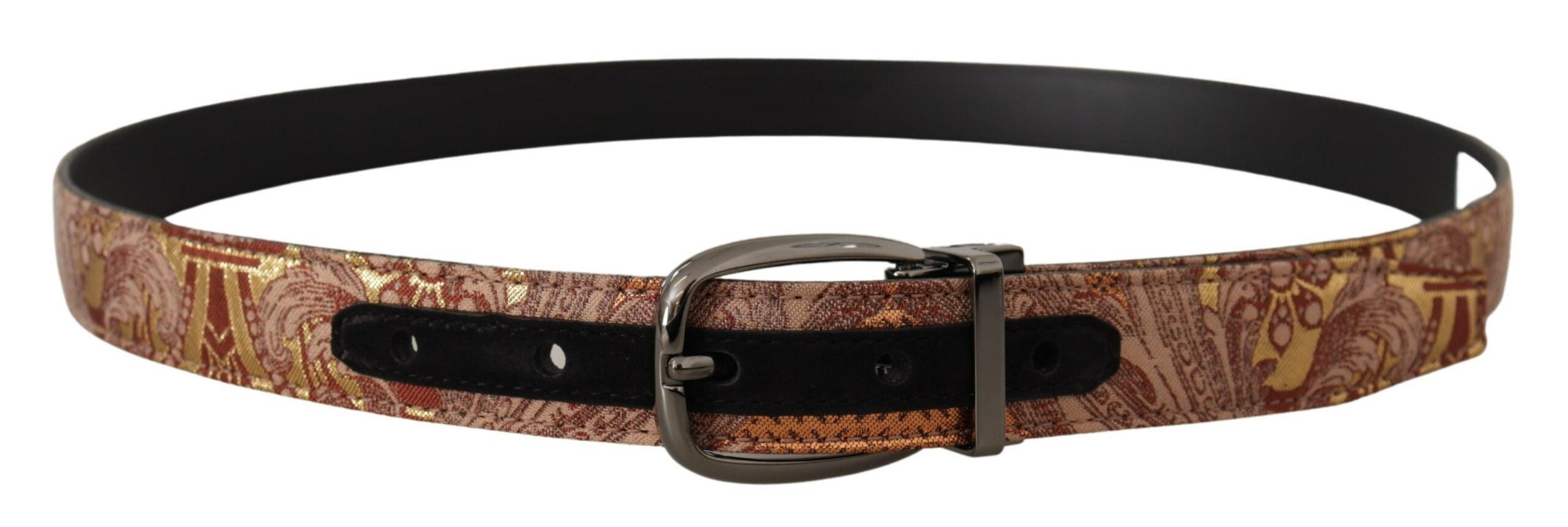 Multicolor embossed leather belt with black metal buckle by Dolce & Gabbana, showcasing detailed textured design.