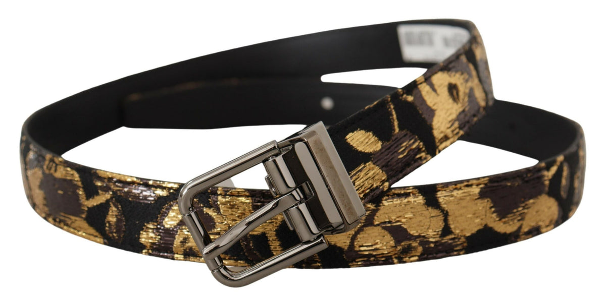 Multicolor Jacquard leather belt with metal buckle and Dolce & Gabbana logo detailing, showcasing intricate design and vibrant pattern.