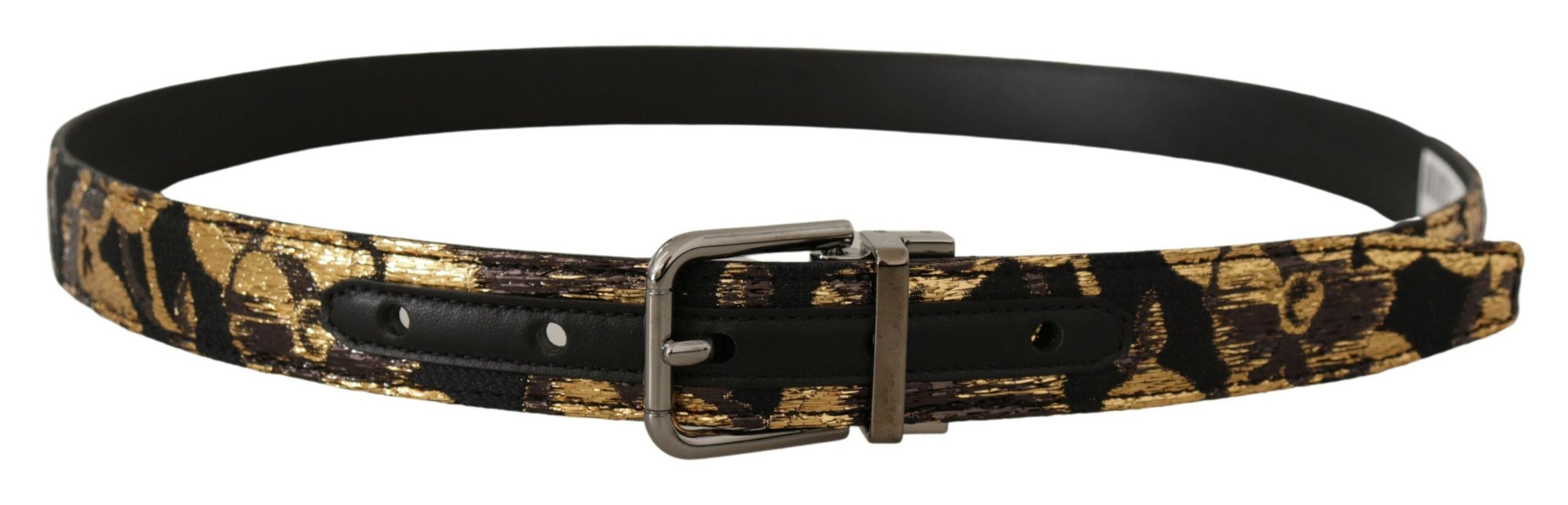Multicolor Jacquard leather belt with metal buckle and Dolce & Gabbana logo, featuring intricate woven design and vibrant colors.