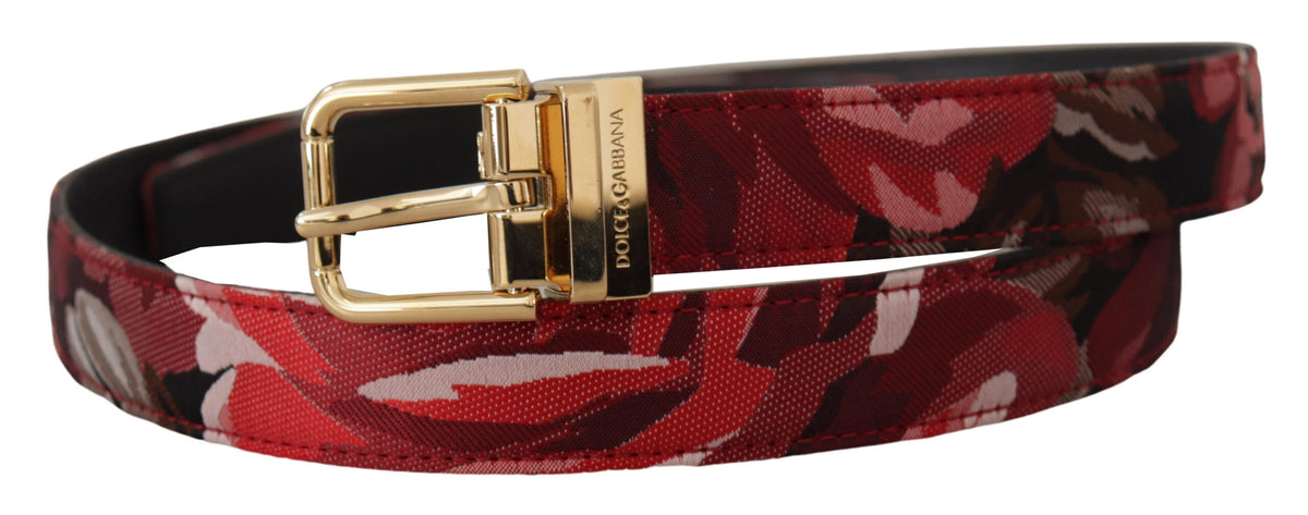 Red Jacquard Rose leather belt with gold metal buckle by Dolce & Gabbana, featuring intricate rose patterns and elegant design.