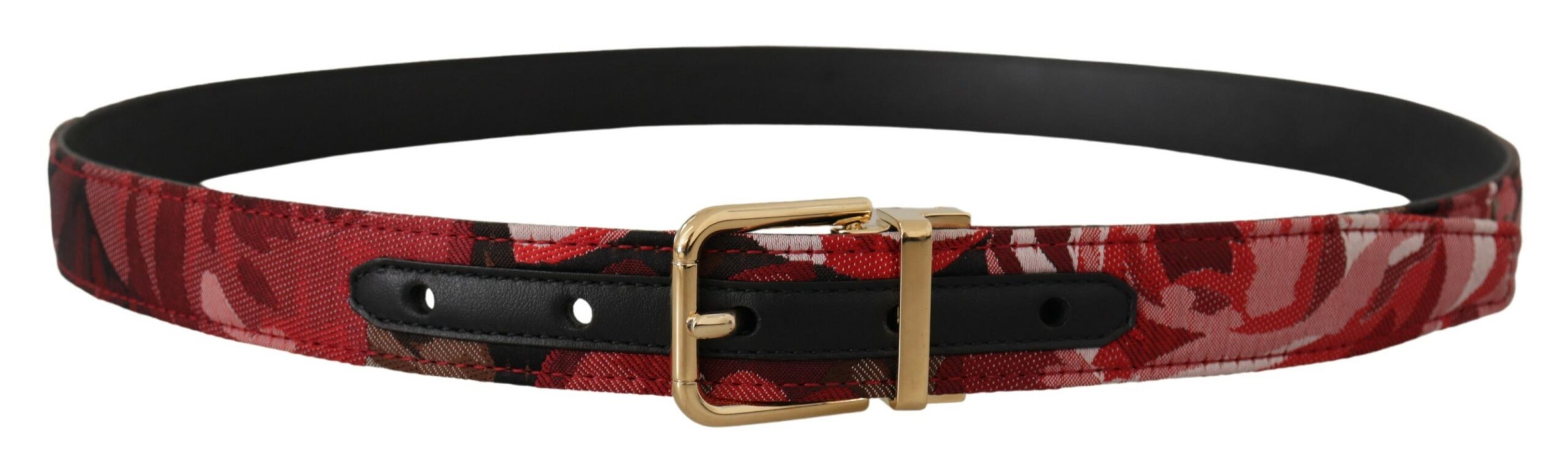 Red jacquard rose leather belt with gold metal buckle by Dolce & Gabbana, showcasing intricate floral pattern and stylish design.