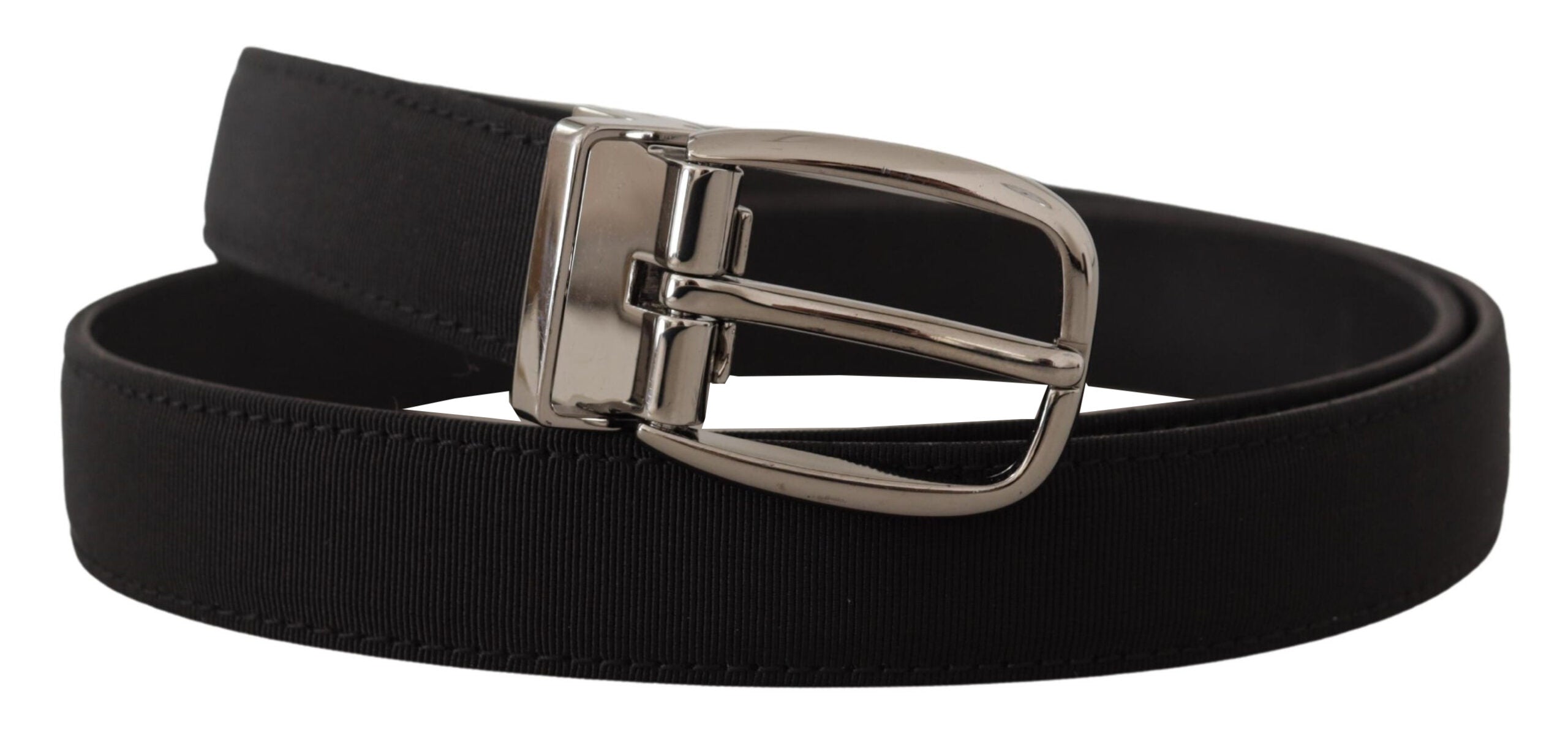 Black grosgrain leather belt by Dolce & Gabbana with silver logo buckle, featuring a sleek and stylish design.