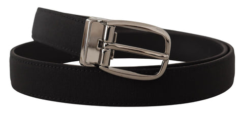 Black grosgrain leather belt by Dolce & Gabbana with silver logo buckle, featuring a sleek and stylish design.