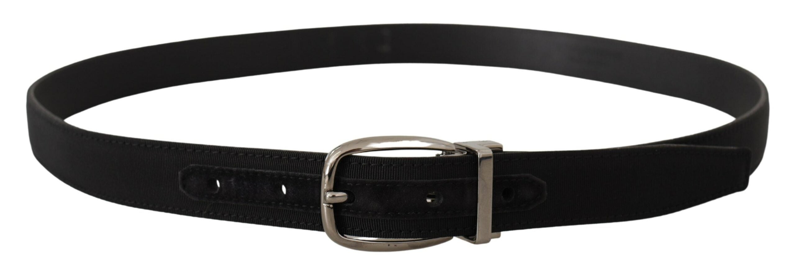 Black grosgrain leather belt with silver logo buckle by Dolce & Gabbana, featuring a sleek and stylish design.