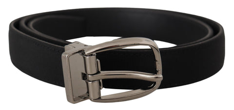Black grosgrain leather belt by Dolce & Gabbana with silver logo buckle, featuring a sleek, stylish design.