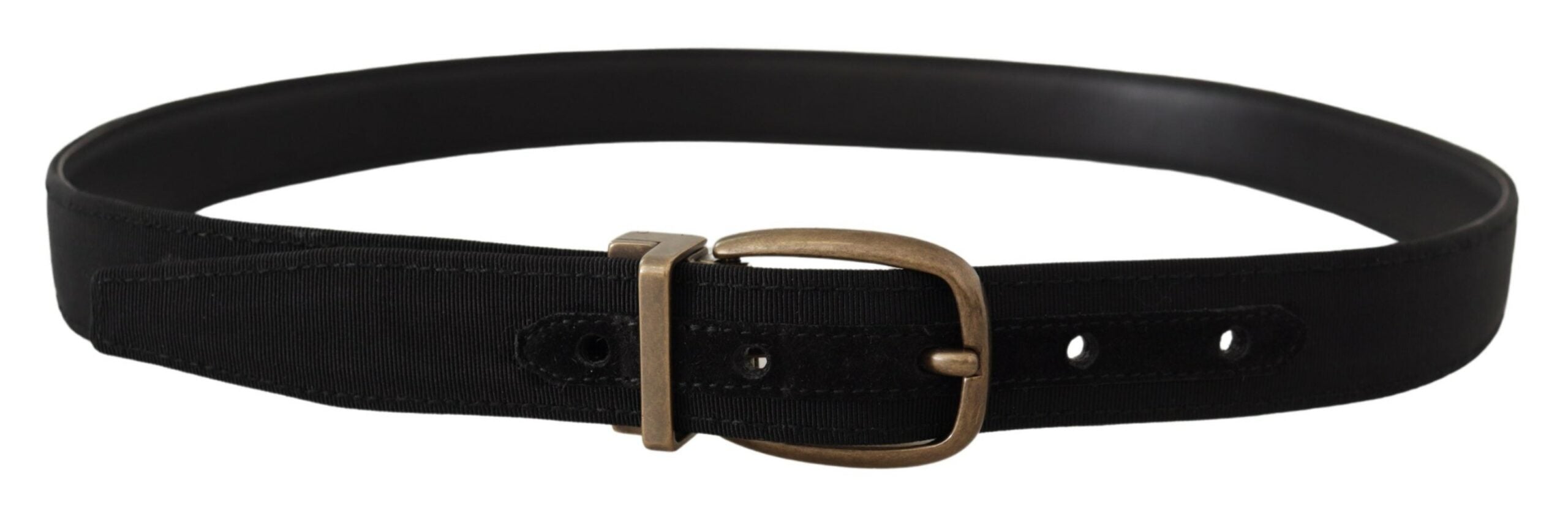 Black grosgrain leather belt with bronze metal buckle from Dolce & Gabbana, featuring a sleek and stylish design.
