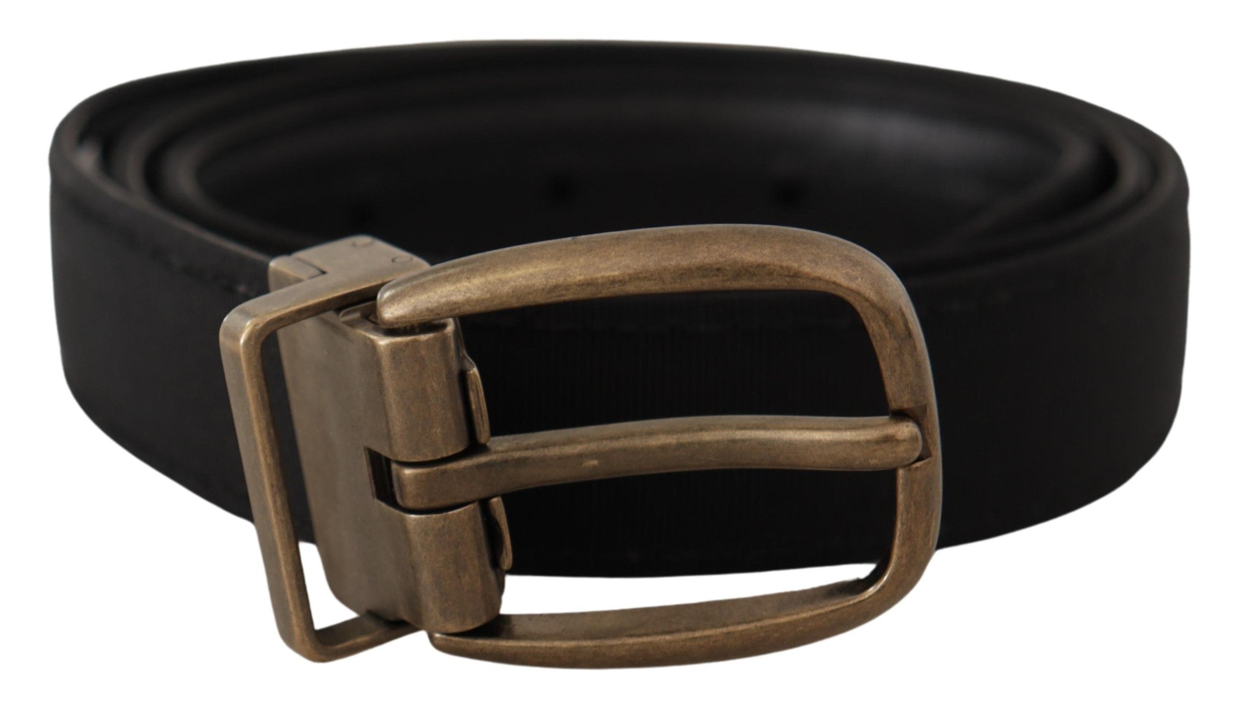 Black grosgrain leather belt with bronze metal buckle from Dolce & Gabbana, featuring a sleek and stylish design.