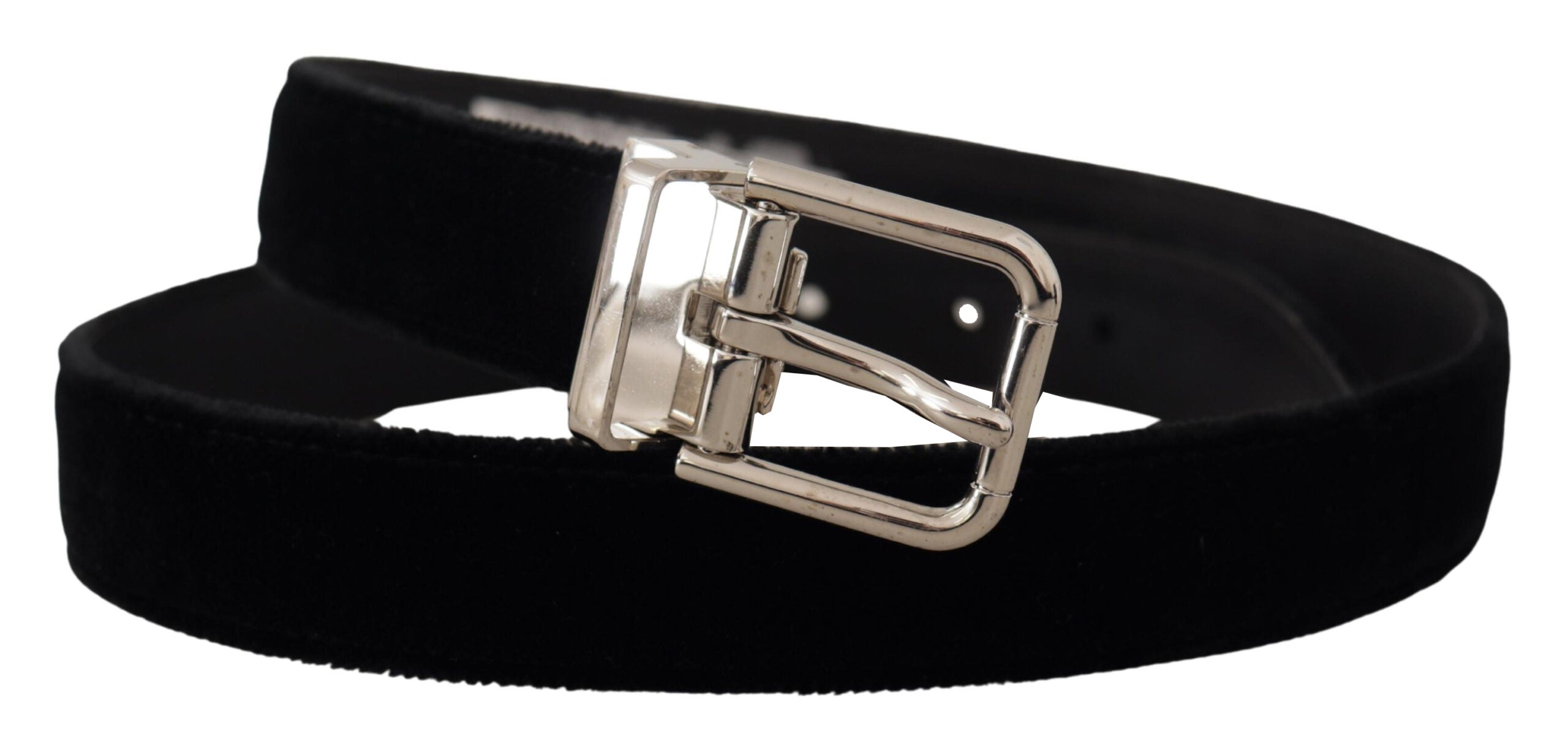 Black velvet belt with silver tone metal logo buckle, Dolce & Gabbana fashion accessory, close-up of stylish belt design