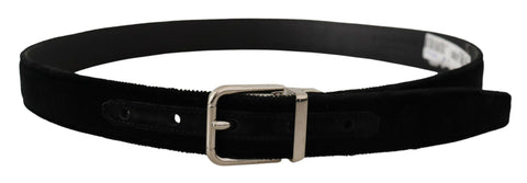 Black velvet belt with silver tone metal logo buckle from Dolce & Gabbana, featuring a sleek and stylish design.