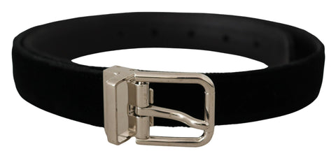 Black velvet belt with silver-tone metal logo buckle from Dolce & Gabbana, featuring a sleek and stylish design.