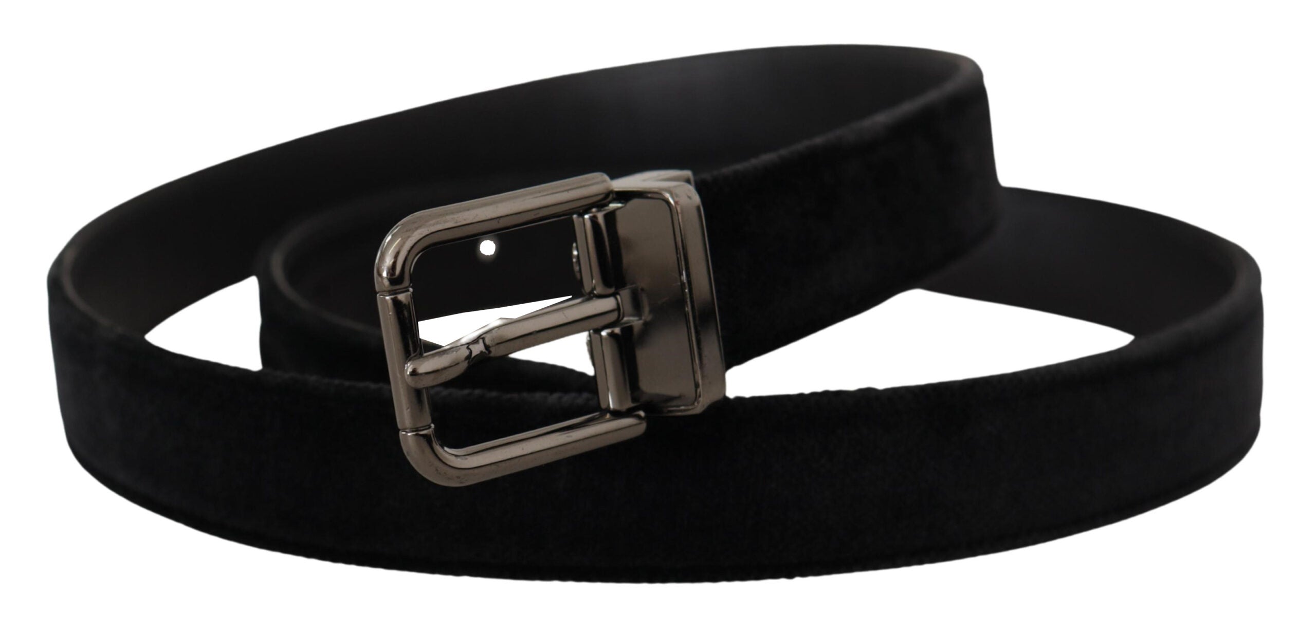Black velvet belt with silver-tone metal buckle featuring Dolce & Gabbana logo, showcasing a stylish accessory for formal or casual wear.