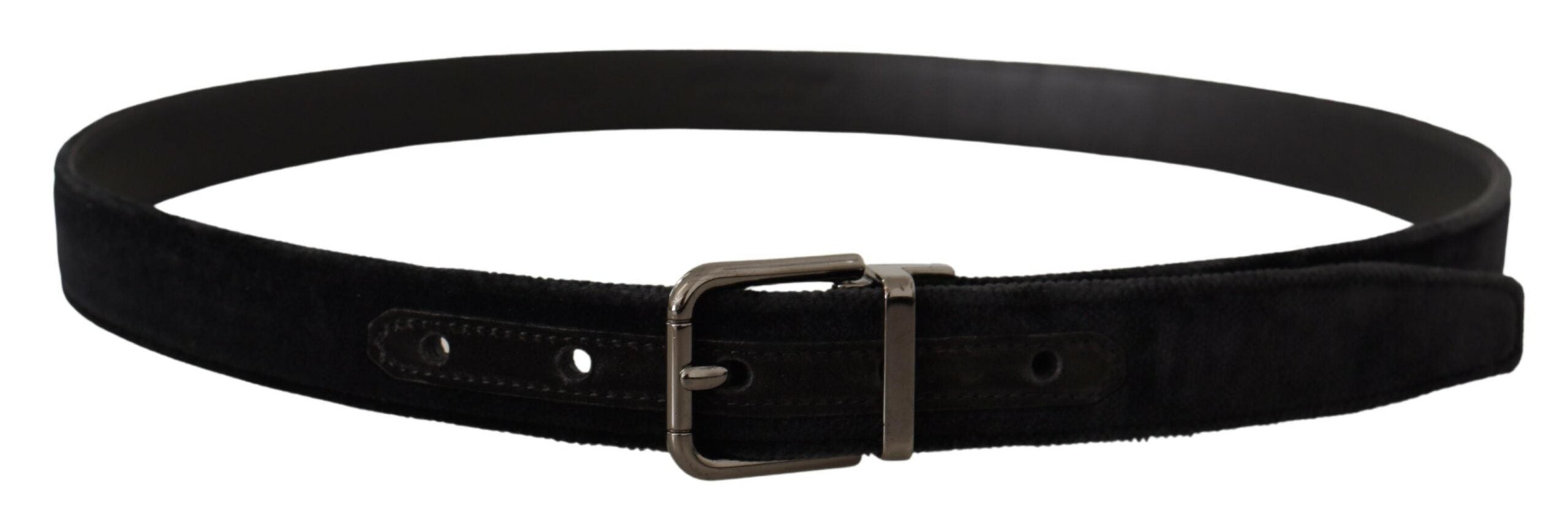 Black velvet belt with silver tone logo metal buckle by Dolce & Gabbana, shown draped with detailed close-up of buckle.