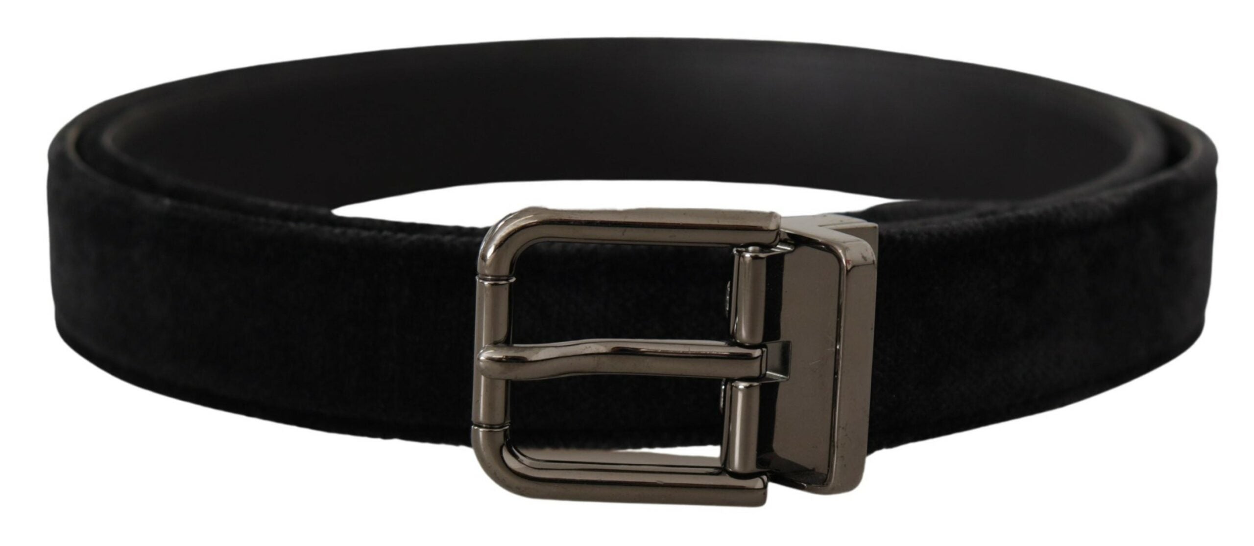 Black velvet belt with silver tone logo metal buckle by Dolce & Gabbana, close-up showing the stylish buckle detail.