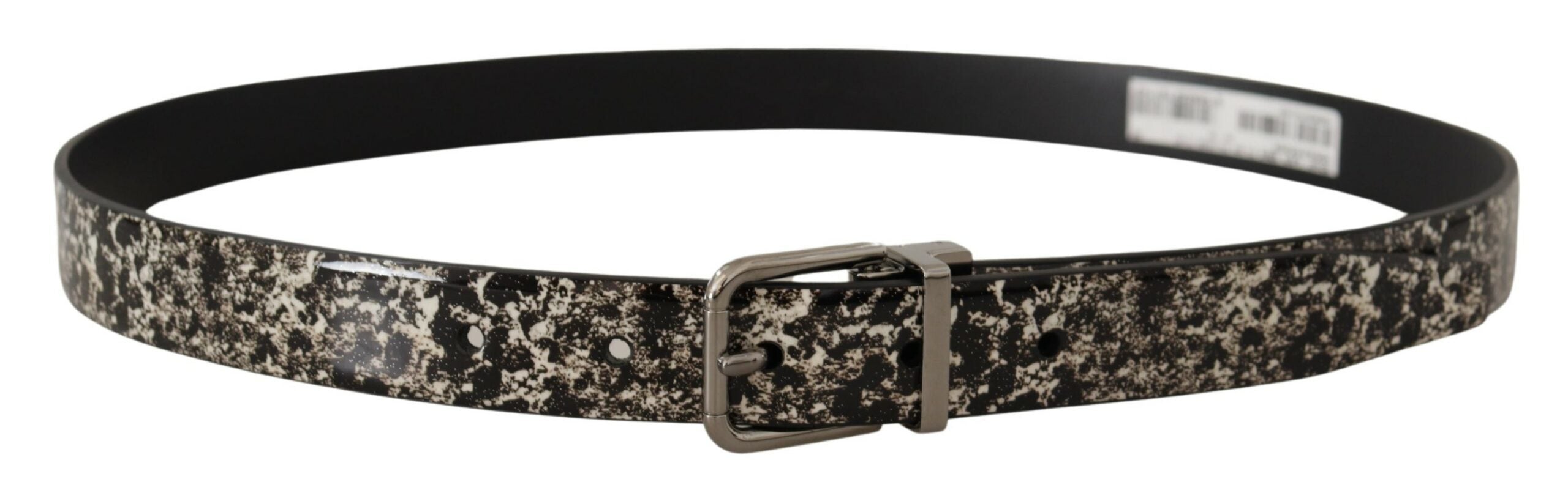 Black leather belt with marble print and silver logo buckle by Dolce & Gabbana, featuring a stylish, textured design.