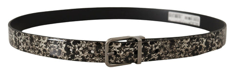Black leather belt with marble print and silver logo buckle by Dolce & Gabbana, featuring a stylish, textured design.