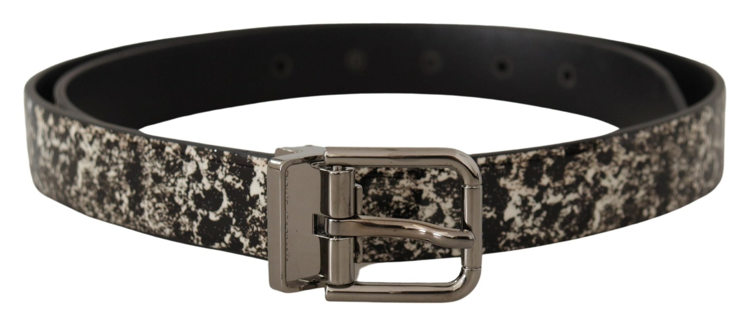 Black marble print leather belt with silver logo buckle from Dolce & Gabbana, showcasing the detailed pattern and sleek design.