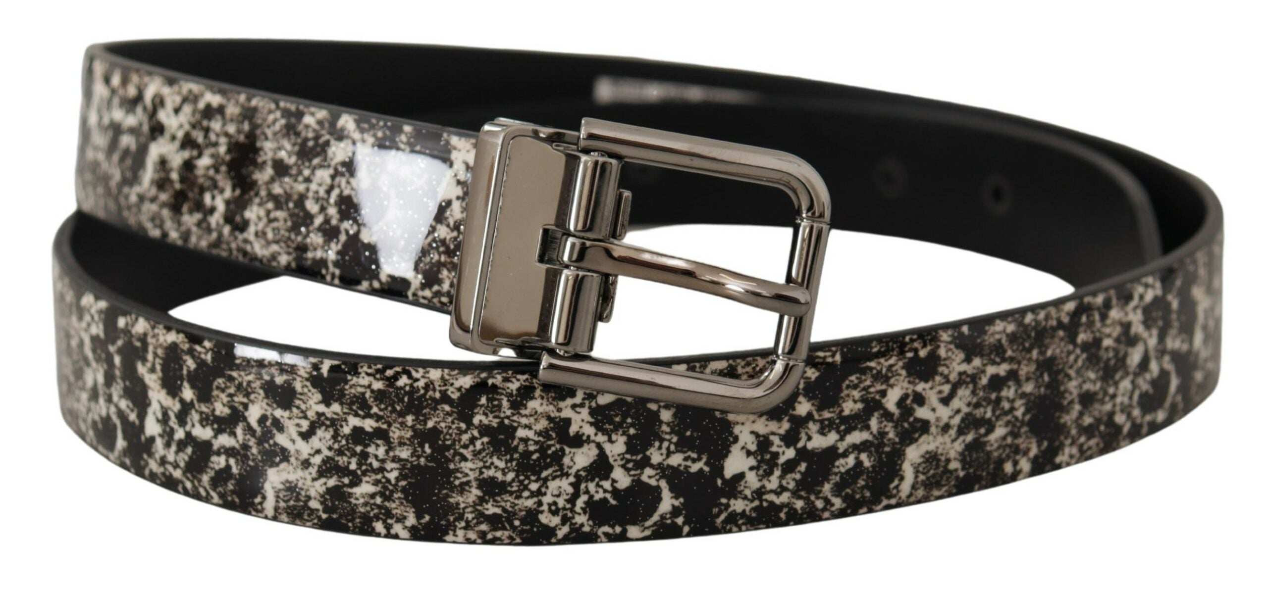Black leather belt with marble print and silver logo buckle by Dolce & Gabbana, featuring a sleek, stylish design.
