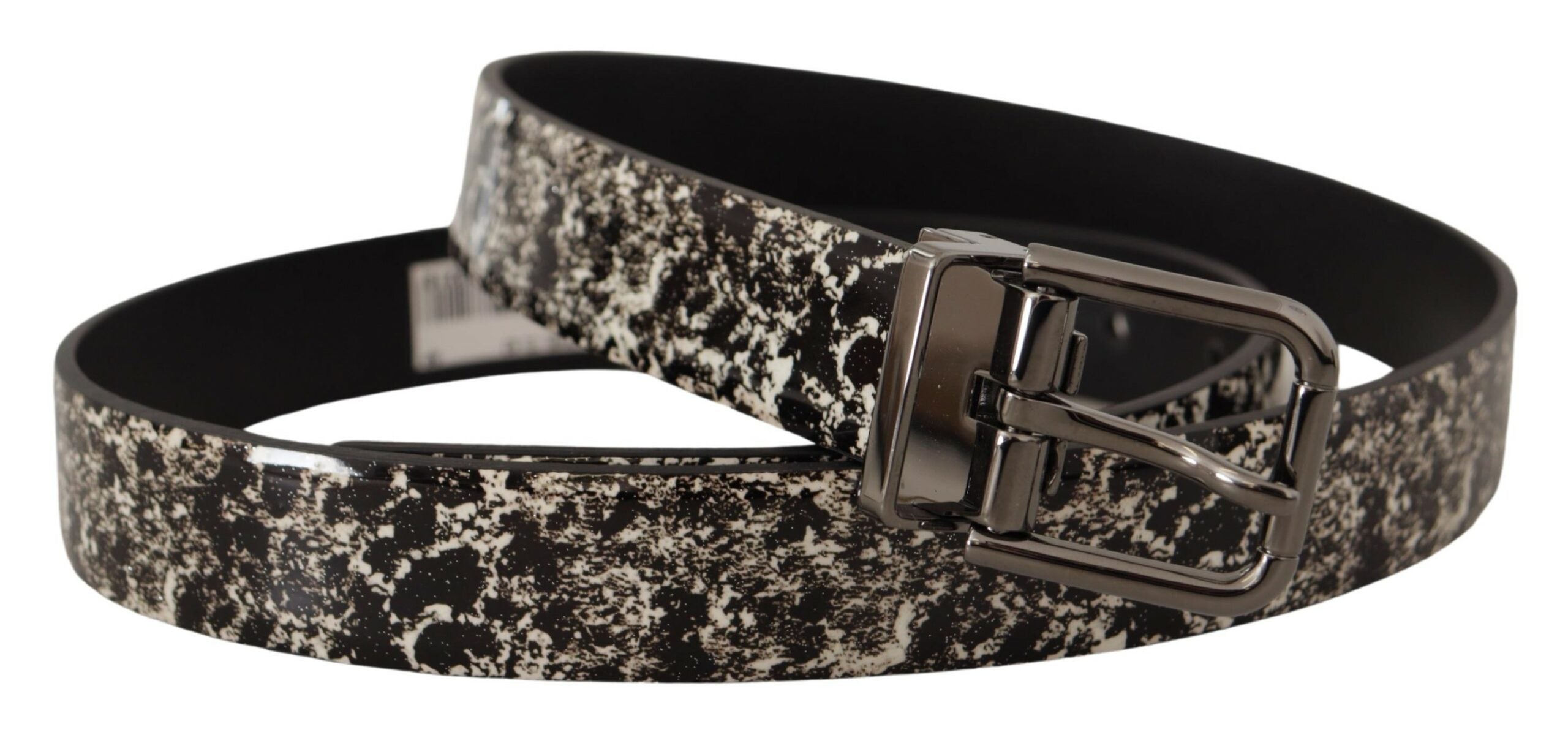 Dolce & Gabbana black leather belt with gray marble print and logo buckle, stylish accessory for men.