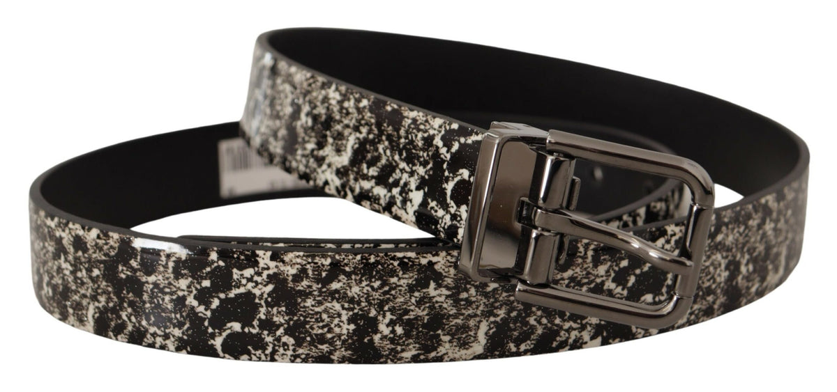 Dolce & Gabbana black leather belt with gray marble print and logo buckle, stylish accessory for men.