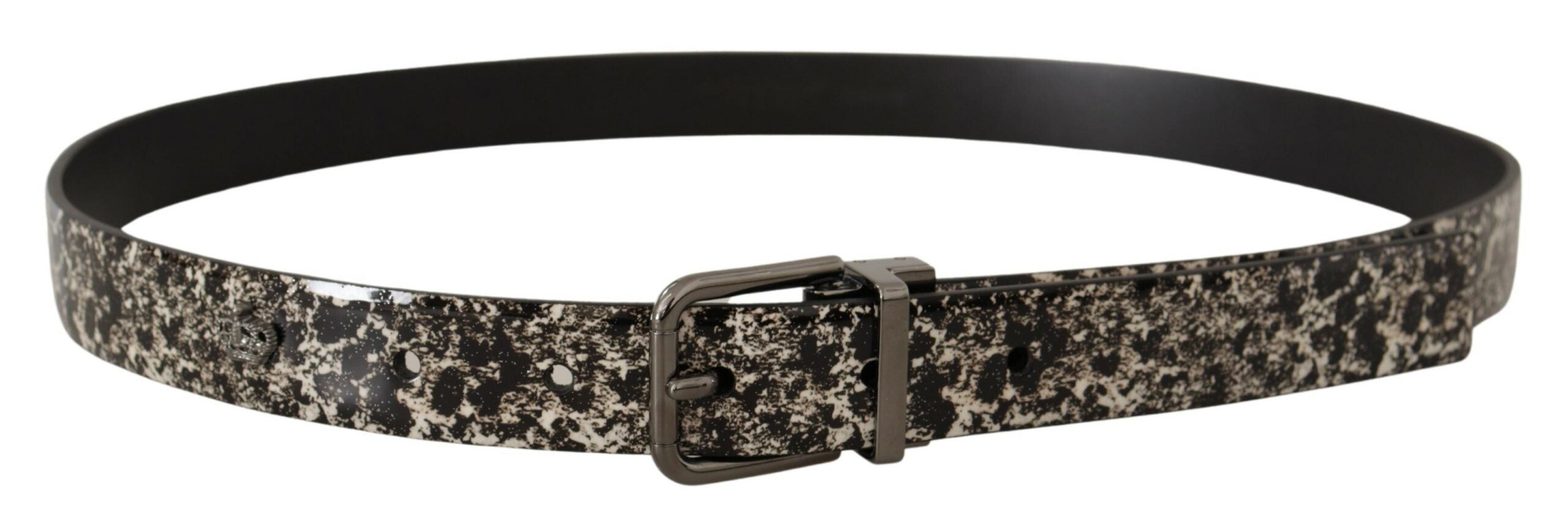 Black marble print leather belt with gray Dolce & Gabbana logo, featuring a sleek design and polished silver buckle.
