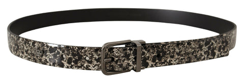 Black marble print leather belt with gray Dolce & Gabbana logo, featuring a sleek design and polished silver buckle.