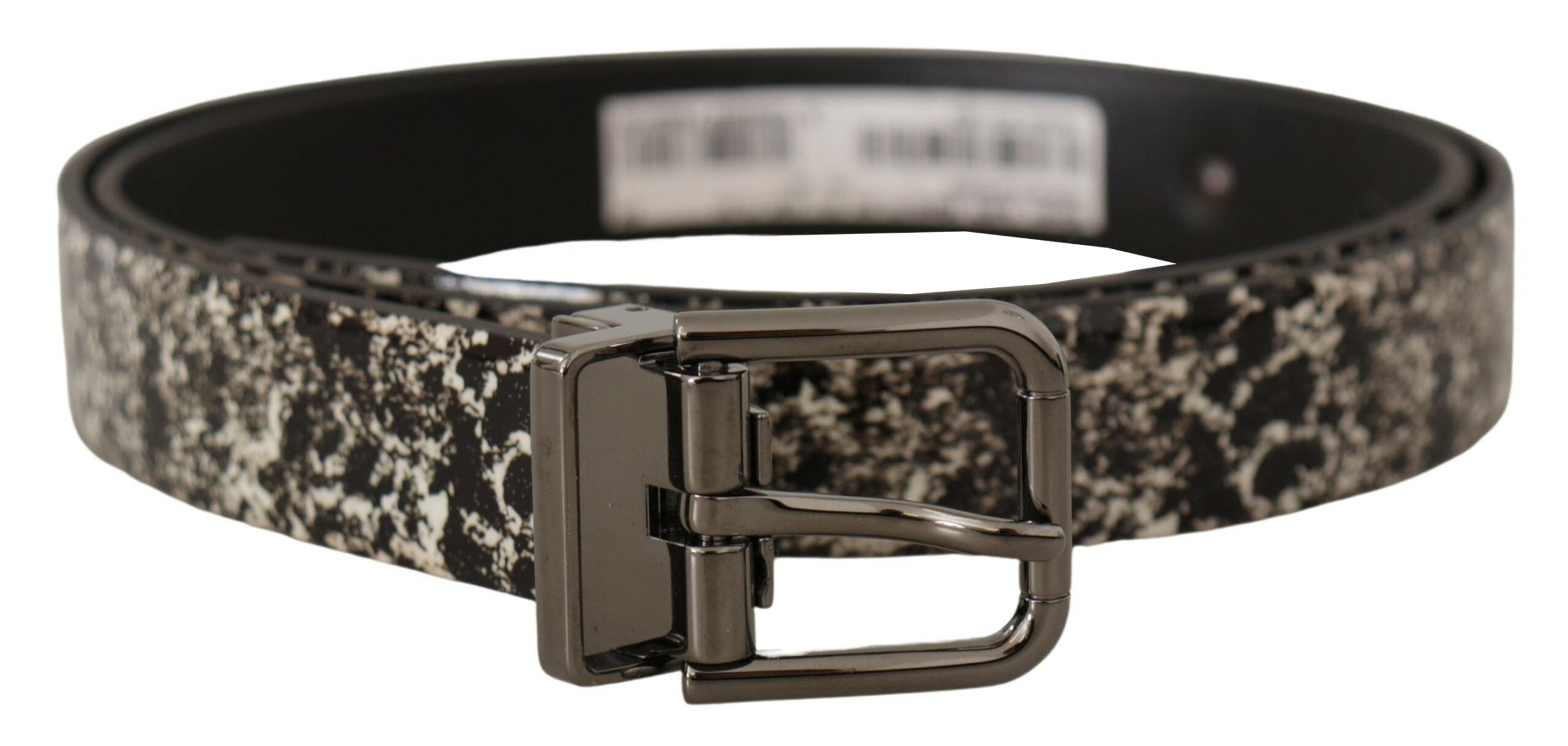 Dolce & Gabbana black leather belt with gray marble print and logo buckle, stylish accessory for men or women.