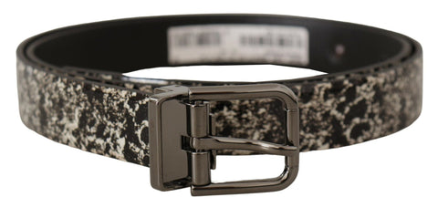 Dolce & Gabbana black leather belt with gray marble print and logo buckle, stylish accessory for men or women.