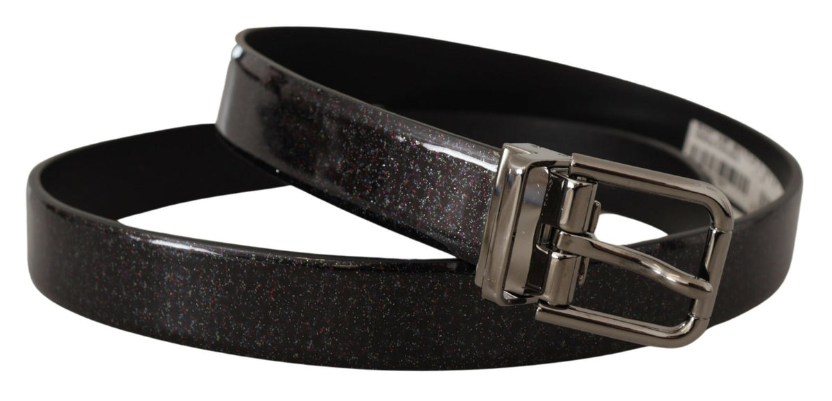 Black Vernice Puntinata leather belt with silver-tone metal buckle from Dolce & Gabbana, featuring textured leather and sleek design.
