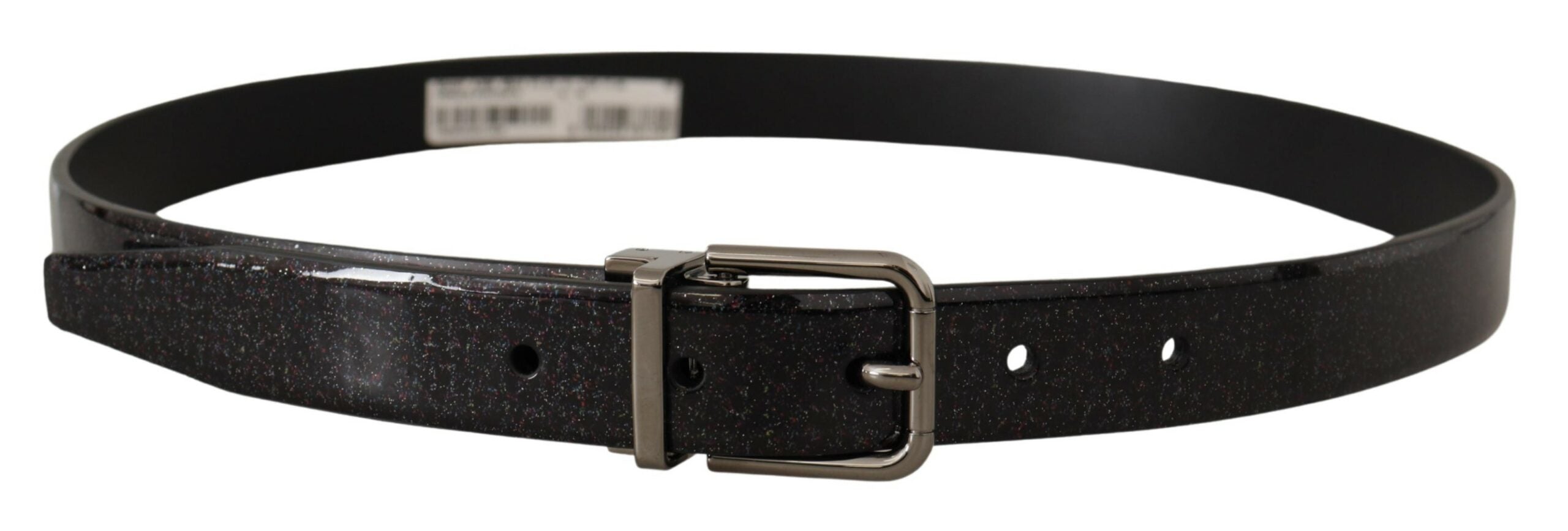 Black Vernice Puntinata leather belt with silver-tone metal buckle from Dolce & Gabbana, featuring textured finish and sleek design.