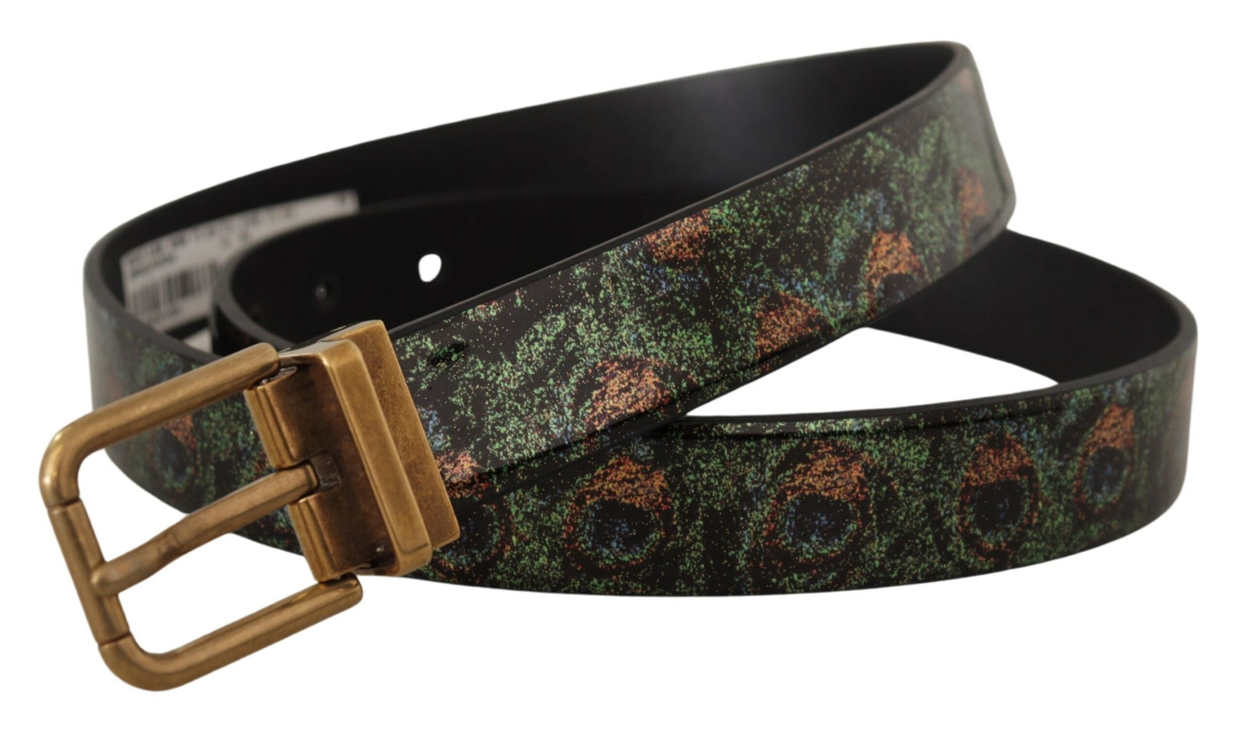 Multicolor leather and bronze metal belt by Dolce & Gabbana featuring Vernice Pavone finish and intricate detailing.